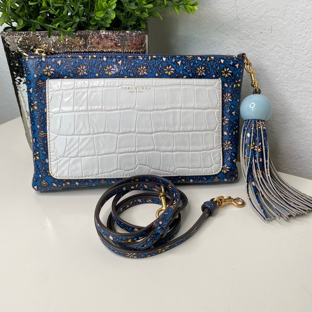 Tory Burch Colorblock Leather Tassel Convert. Crossbody Clutch‎ Blue Wild Pansy